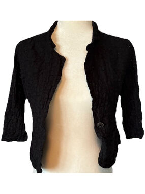 DECREE Black Lace Shrug Crop Jacket Large Back Bow Tie 3/4 Sleeve Bolero Y2K